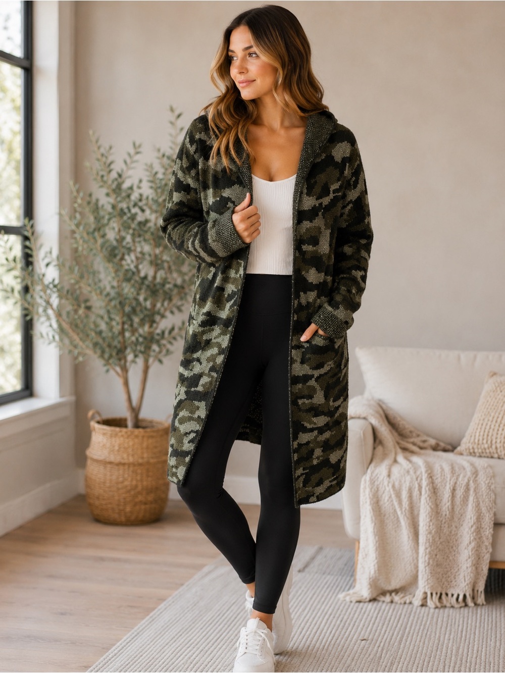 Nine West Camo Hooded Cardigan Eyelash Knit Longline Sweater Cozy Layer M
